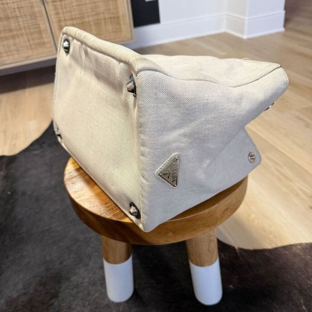 Prada Beige and Green Canapa Canvas and Satin Flower Tote Bag - Picture 8 of 12